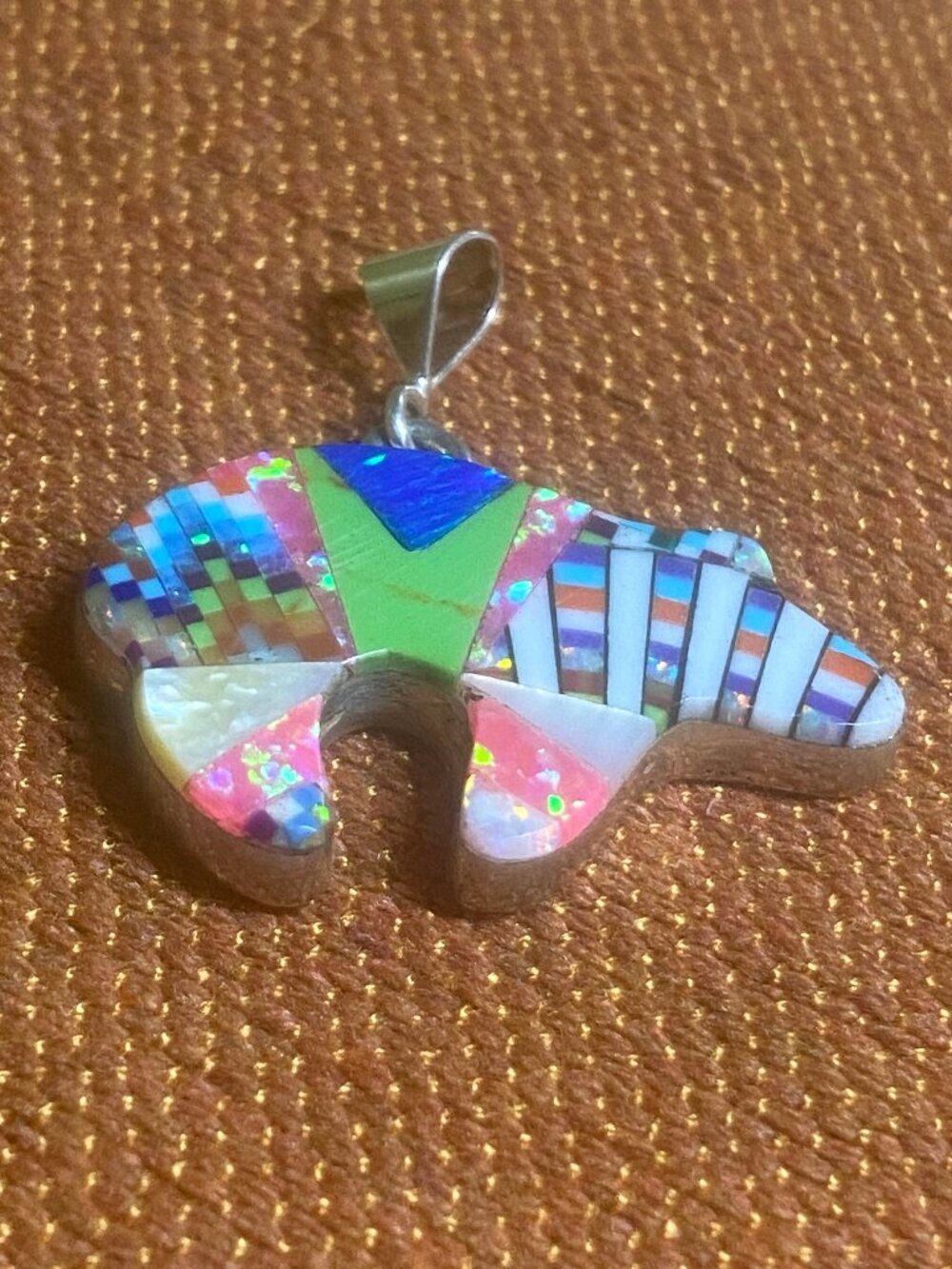 Zuni Pendant Bear Native American Ethnic Micro Inlay Opal Southwestern Jewelry
